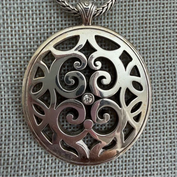 Brighton Contempo Medallion Rhinestone Charm Necklace Oval Silver Plated Scroll